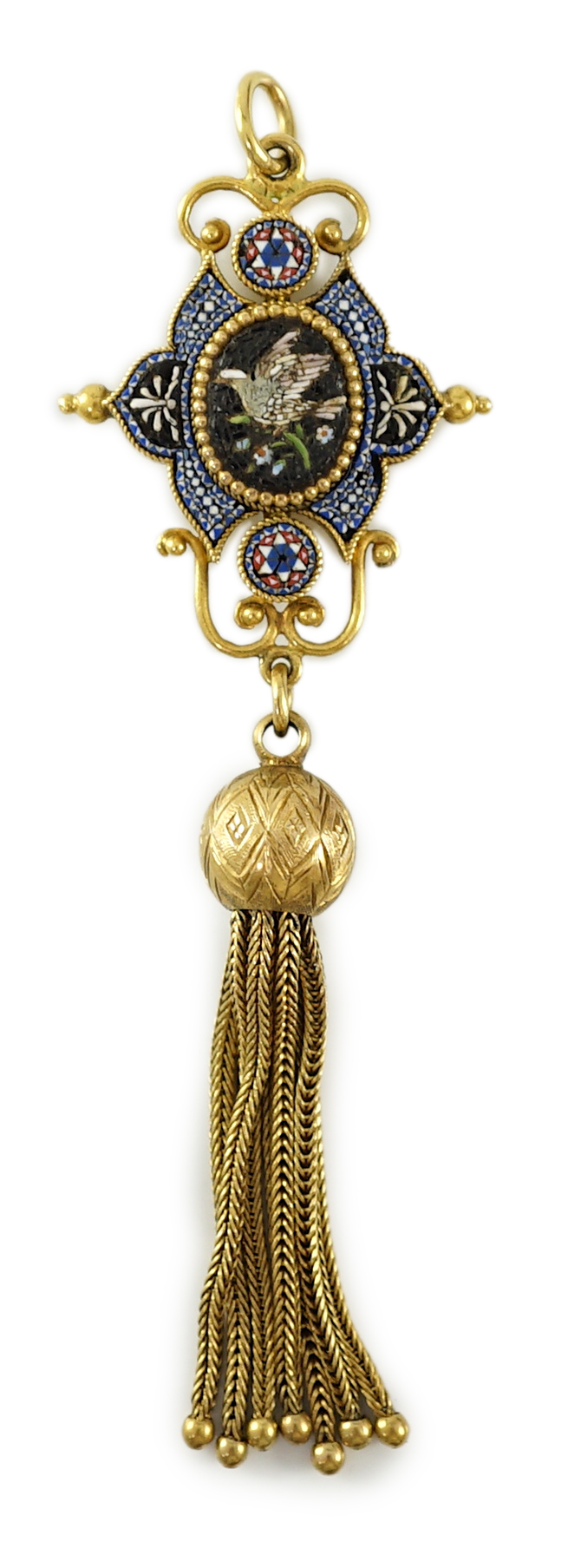 A 19th century gold and micro mosaic tassel drop pendant